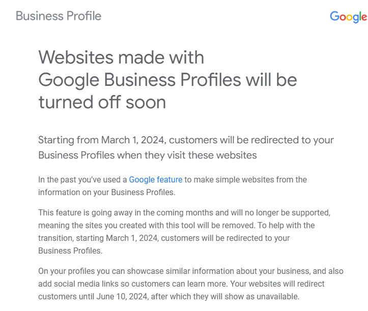 Google Announces Shutdown of Websites Created Through Business Profiles